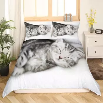 Cat Duvet Cover Set, Black Cat Silhouettes in Different Poses Decorative 3 Piece Bedding Set with 2 Pillow Shams,Queen Full Size Eu Single 135x200cm