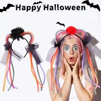 Cat Ear Headband Halloween Gauze Headband with Colorful Ribbons Women Cat Ear Hair чёрный