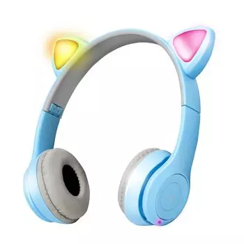 Cat ear wireless headphones light blue ears Bluetooth calling gaming headphones head Light-up hands-free on-ear