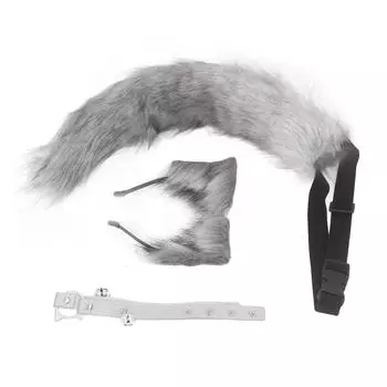 Cat Ears and Wolf Animal Tail Cosplay Costume Faux Fur Hair Clip Headdress Halloween Leather Neck темно-серого
