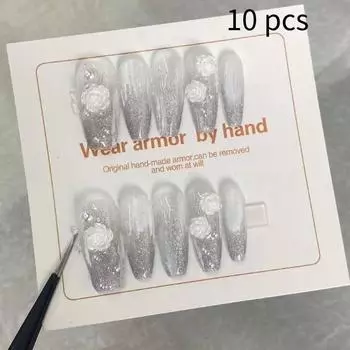 Cat Eye Premium False Nails Handcrafted Mountain Camellia Gypsum Women Stylish Long,XS