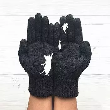 Cat Fashion Women And Fish Print Knitted Gloves Winter Warm Full Mittens Finger