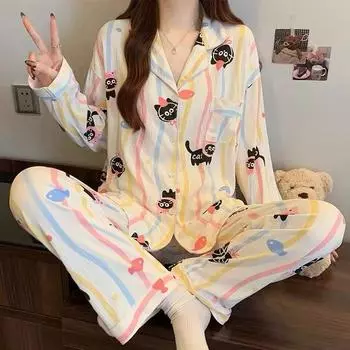 Cat & Fish Rainbow Striped Women s Pajamas Literary Cute Cartoon Print Homewear Spring Milk Silk Sleepwear M