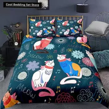 Cat Flowers King Queen Duvet Cover Cartoon Kitty Floral Bedding Set for Kids Lovely Animals Black 2/3pcs Polyester Quilt Cover EU single(135x200cm)