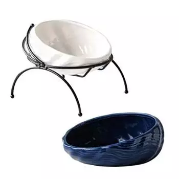 Cat food bowl 2 iron stand set food bowl spare tableware with legs white blue ceramic easy to eat kitten food bowl tableware pet clean microwave safe