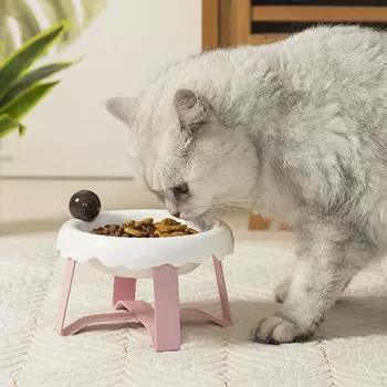 Cat Food Bowl Dish Feeder Neck Protection Dog Stand Pet Feeding for Puppy Kitten Small белый