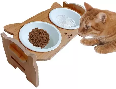 Cat Food Cat Ceramic Bowl with Cat and Small Dog Feeding 2 Level Adjustable Height Diagonal Feeding Cat Food Wooden Cat Drinking For Pets and Food