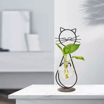 Стеклянная ваза для цветов «кошка» с металлической подставкой для домашнего садоводства чёрный