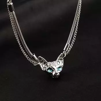 Cat Head Personality Fashion Necklace Titanium Steel Necklace Clavicle Chain Simple Punk Metal Style Party Nightclub Jewelry For Women Men серебряный