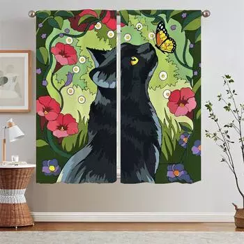 Cat Kitchen Curtains 2 Pcs Set Curtains Living Room Decoration Blackout Window Blinds Customs Free Shipping Products Curls Blind W50xH70cmx2pcs-CL