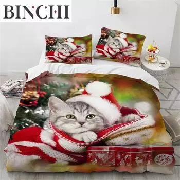 Cat Merry Christmas Santa Claus Bedding Set Boys Girls Twin Queen Size Duvet Cover Pillowcase Bed Boys Adult Home Textileextile 70x133cm 2pcs