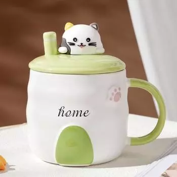 Cat Milk Cute Style Table Top High Temperature Resistant Ceramic Cup, Unique Couple Style High Beauty Ceramic Mug with Lid 400ml