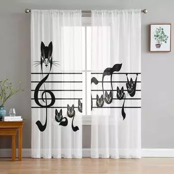 Cat Musical Note Stave Black White Chiffon Sheer Curtains for Living Room Bedroom Decoration Window Voiles Tulle Curtain Drapes W135 x H115cm x1&Rod Pocket