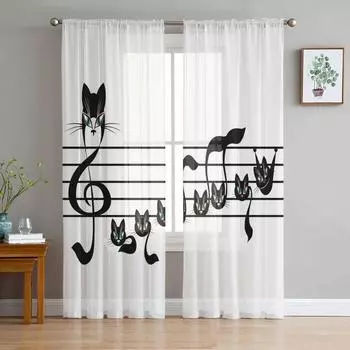 Cat Musical Note Stave Black White Chiffon Sheer Curtains for Living Room Bedroom Decoration Window Voiles Tulle Curtain Drapes W135 x H115cm x1&Rod Pocket