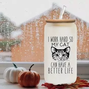 Cat Pattern 16oz Frosted Drinking Glass With Bamboo Lid&Straw Drink Juice Glass Can Drinking Bottle Summer Drinks Cup For Gif 501-600ml