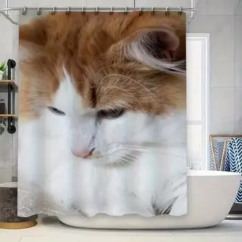 Cat Print Shower Curtain Bath Decorative Waterproof Fabric 3D Cat Design Bathroom Accessories for Home Decoration White Brown Co 90x180cm