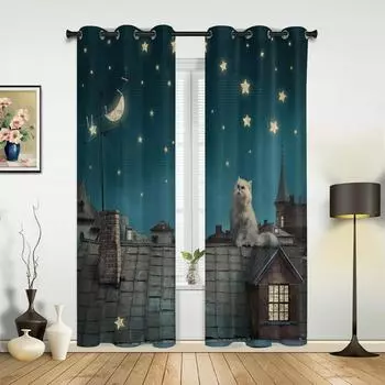Cat Roof Kitten Night Moon Stars Curtains for Bedroom Living Room Drapes Kitchen Children s Room Window Ware Home Decor 135W x 60H(cm) x1