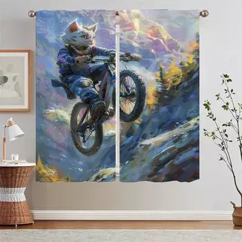 Cat s Mountain Bike Tulle in Kitchen Curtains 2 Pcs Set Shade Curtain for Children s Room Blind Living Room Decoration Blackout W50xH70cmx2pcs-CL
