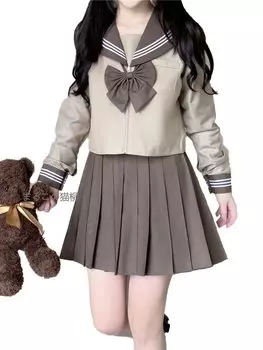 Cat Sailor Long or Short Popular Summer School Front Pleated High School Cute Includes Socks Set [CAWILXHA] [Maruko s Willow] Uniform, Sleeve, Brown,