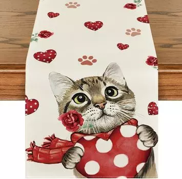 Cat Scarf Love Rose Linen Table Runner Seasonal Washable Kitchen Dining Table Decor Home Party Anniversary Wedding Banquet Decor 150x33cm 59x13inch