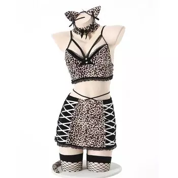 Кошка Сексуальный Косплей Эротический Чрезвычайно Эротический Кошка Тигр Леопардовый Принт Горничная Одежда Тренировка Соблазн Нижнее Белье Трусики Моэ Моэ Облегающее Кукольное Платье Костюм