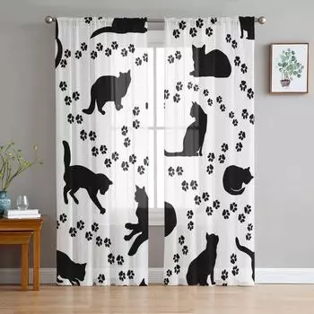 Cat Silhouette Footprints Black White Tulle Sheer Window Curtains for Living Room Bedroom Modern Voile Organza Curtains Drapes W135 x H115cm x1&Rod Pocket