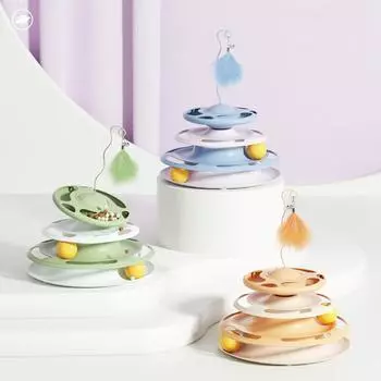 Cat Teaser Четырехслойная пластиковая дорожка с перьями Съемная игрушка для кошек Self Hi Turntable