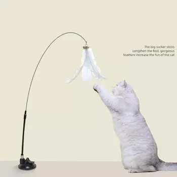 Cat Toy Feather Stick Interactive Toy Super Suction Kitten Toy Cup Removable 2 Feather Replacement Cat Accessories No Suction Cup белый