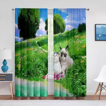 Cat with Funny Expression on Green Grass Sheer Curtains Window for Kitchen Living Room Bedroom Decoration Modern Tulle Curtains 1 PCS W100XH250cm&Rod Pocket