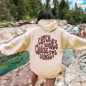 Catch Waves Chase Sunsets Prints Женская хлопковая одежда All-Math Повседневная толстовка Индивидуальные флисовые топы O-Neck Парные толстовки S розовый
