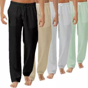 CATER1-Мужские летние простые и модные брюки из чистого хлопка и льна L чёрный