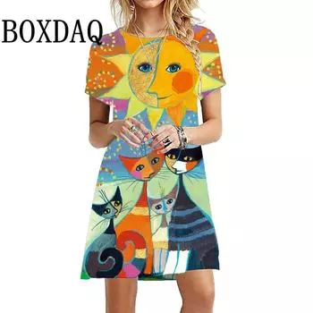 Caton Cute Cat 3D Printed Girl Dress Summer Feminine Kawaii Elegant Cat Casual Dress S