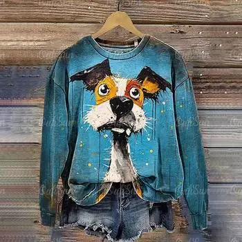 Catoon Смешной принт с изображением собаки, толстовки для женщин, зимняя свободная толстовка с круглым вырезом, женская повседневная уличная одежда, симпатичные топы, одежда S