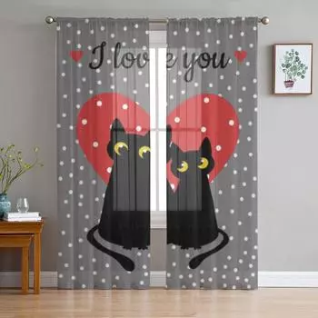 Cats In Love With Cup Of Coffee Snowflakes On Black Sheer Curtains Living Room Tulle Window Curtain Bedroom Kitchen Drapes 135W x 114H(cm)