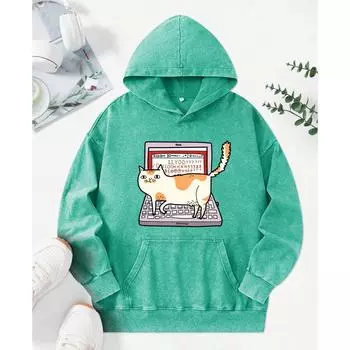 Cats Walking On Computer Keyboards Prints Washed Hoodies Women Cotton Fashion Clothes Autumn Loose Hoody M
