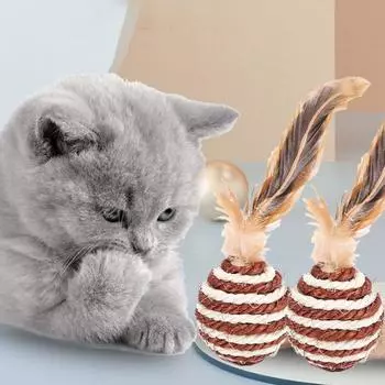 Cats Wear-resisting with Feather Kitten Games Toys Sisal Ball Cat Playing Toy Cat Training Catcher 1pc