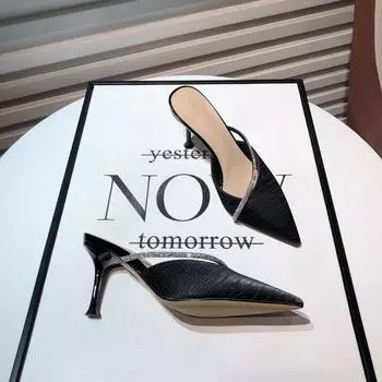 Cavalli wear temperament Baotou half drag socialite small fresh girl rhinestone tip with high heels cool slippers 34