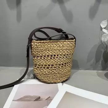 Ceirihe French Style Retro Vacation Style Straw Bucket Bag Women s Special-Interest Design Woven Hollowed Shoulder Messenger Bag Spike Brown