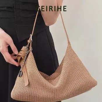 Ceirihe Seaside Travel Outfit Straw Woven Underarm Bag Women s Summer Idle Style Woven Shoulder Crossbody Tote Bag Milk Tea Brown small size