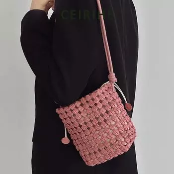 Ceirihe Vegetable Tanning Leather Hand-Woven Drawstring Bucket Bag Women s Mini Phone Bag Cut Out Shoulder Messenger Bag Mousse powder