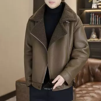 Цельная флисовая куртка мужская зимняя с отворотом из овечьей шерсти с утолщенным флисом мотоциклетная ветрозащитная кожаная куртка L кофейный