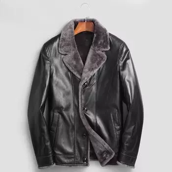 Цельная мужская облегающая кожаная куртка Мужская утолщенная кожаная куртка Куртка из натуральной кожи средней длины Зимняя куртка из натуральной кожи L чёрный