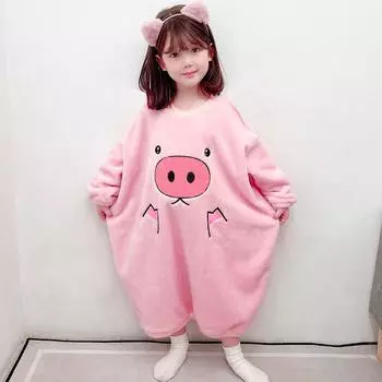Цельная одежда для сна с героями мультфильмов, зимняя фланелевая рубашка с изображением животных, розовая свинья, длинный пуловер, утепленная пижама для девочек, мягкая детская одежда до колена 110