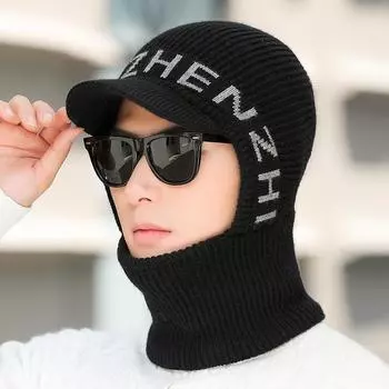 Цельная вязаная шапка мужская зимняя толстая защитная шапка для ушей шейная цельная шапка для велоспорта ветрозащитная теплая шапка темно-синий