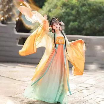 Цельная вышитая юбка Hanfu HE ZI в стиле династии Тан в китайском стиле и рубашка с большими рукавами, градиентный костюм L оранжевый/зелёный