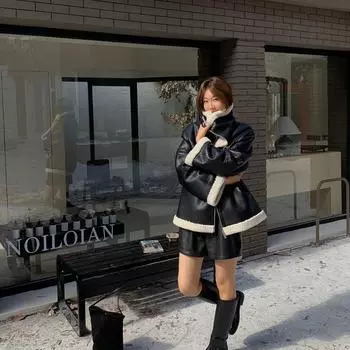 Цельное пальто из искусственного меха с воротником-стойкой из искусственного меха ягненка для женской зимней мотоциклетной одежды S чёрный