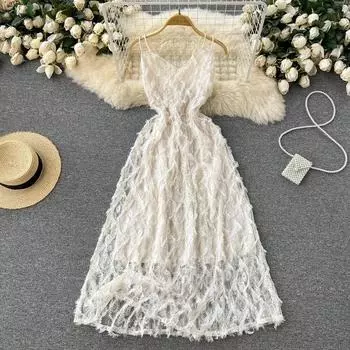 Цельное платье на бретельках во французском стиле в стиле ретро. Женская одежда. Дизайнерская плиссированная цветочная сетчатая шикарная юбка на бедрах. S белый