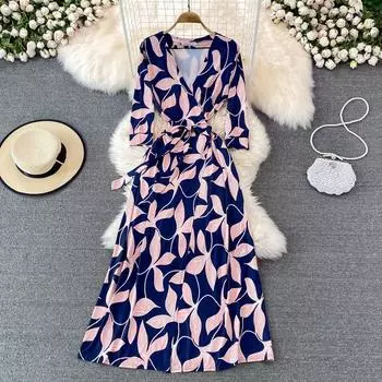 Цельное платье с запахом, летнее корейское модное платье трапециевидной формы с рукавами 7/4 и v-образным вырезом с принтом и бандажной талией