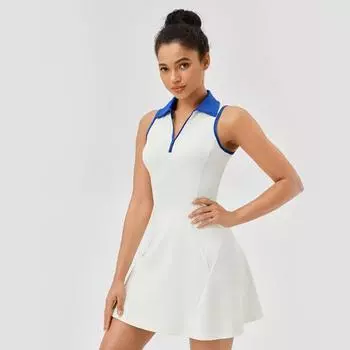 Цельное теннисное платье с отложным воротником для женщин, быстросохнущее, дышащее, с затягивающейся талией, контрастного цвета, спортивное, досуговое, фитнес-платье S чёрный