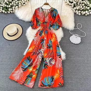 Цельные брюки Super Fairy Seaside Resort с v-образным вырезом и рукавами «летучая мышь» и принтом, с короткими рукавами, элегантный женский комбинезон с узкой талией и широкими штанинами One Size зелёный